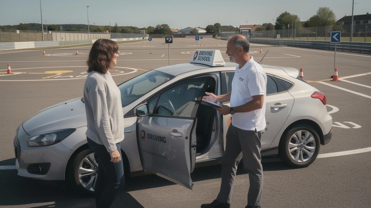 Instructor briefing a driver beside a training car on a closed course