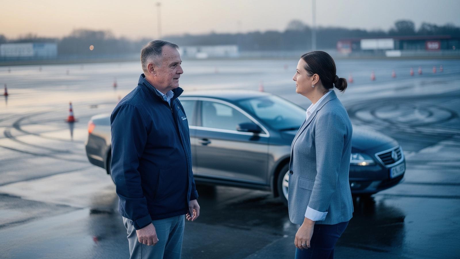 Instructor briefing a licensed driver beside a training car on a closed course