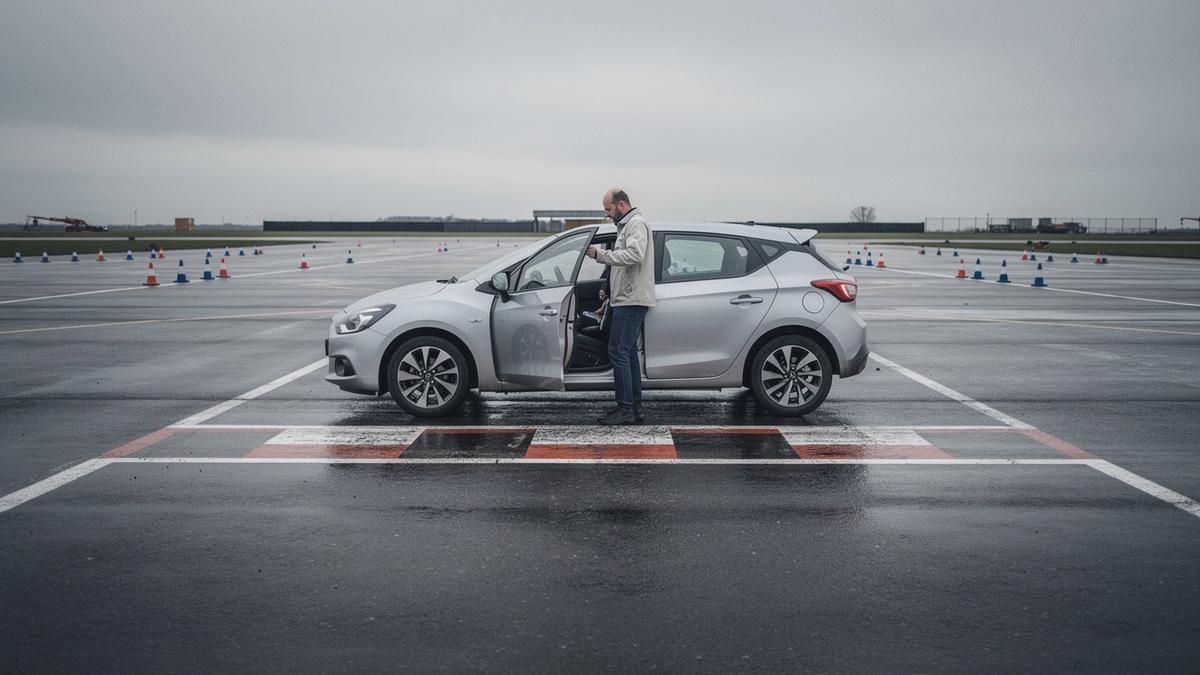 Instructor briefing a licensed driver beside a car on a wet handling pad