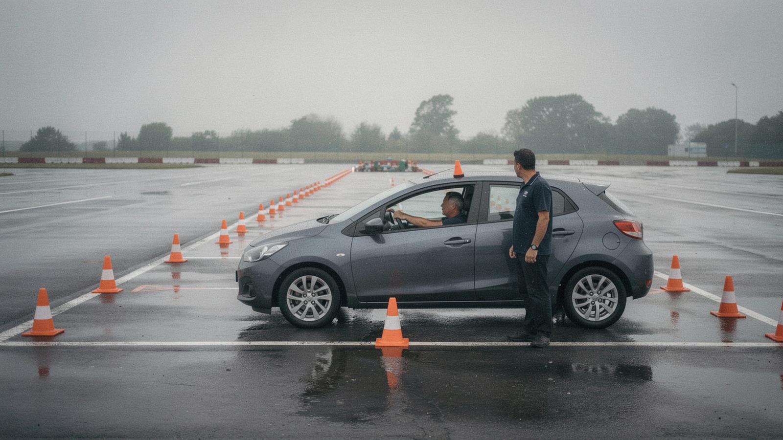 Instructor beside a hatchback on a wet closed course, cones marking an emergency braking lane