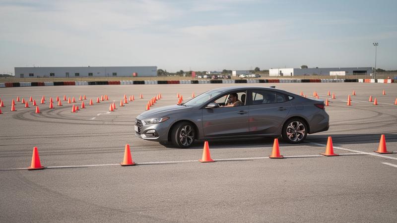 Driver practicing an emergency stop on a closed training course