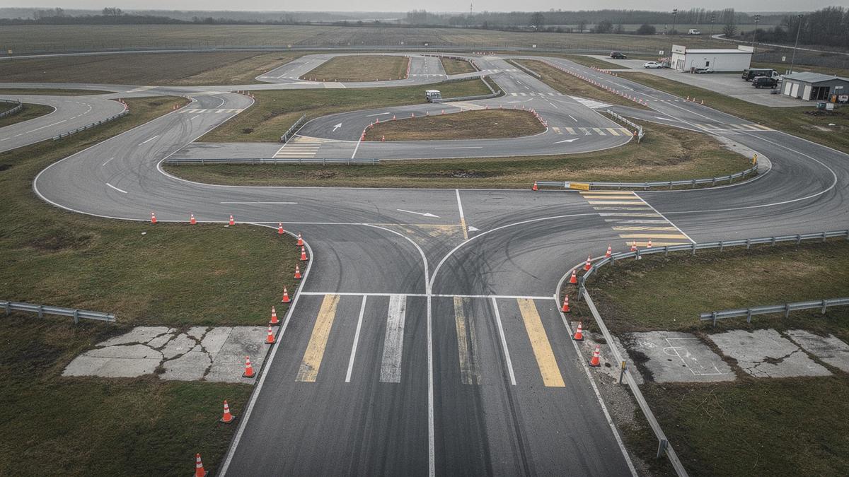 Closed-course driver training area with emergency braking markers