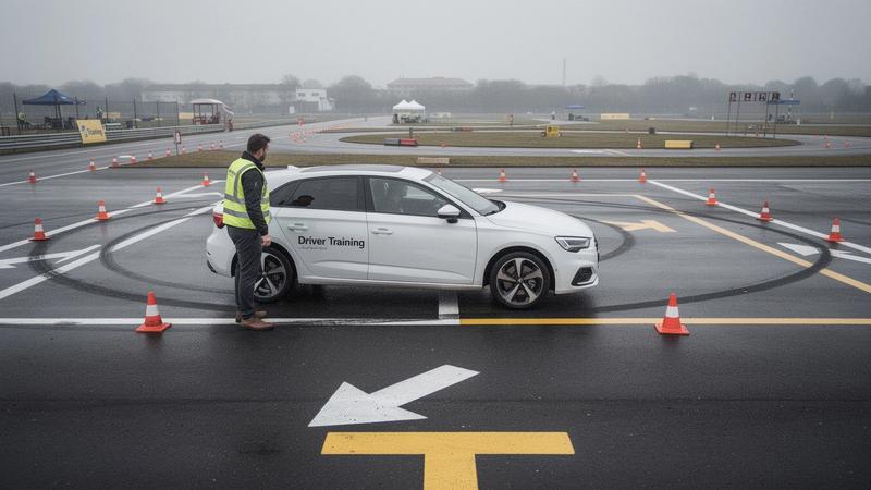 Training car and instructor waiting on a marked closed-course lane