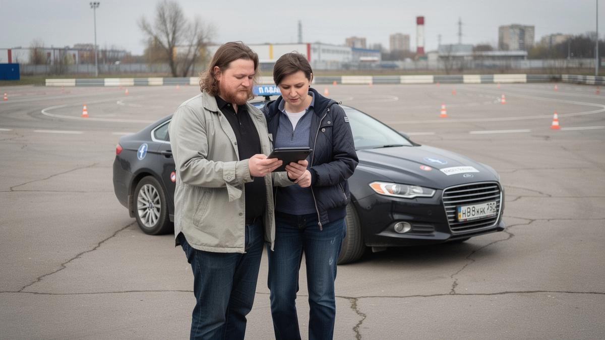 Instructor and driver reviewing braking data next to a training car on a closed course