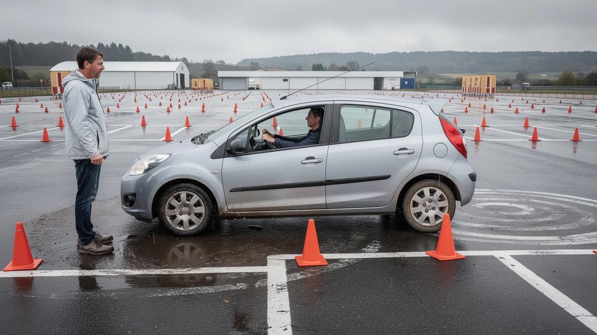 Instructor and driver reviewing an emergency braking exercise on the wet pad of a closed training course